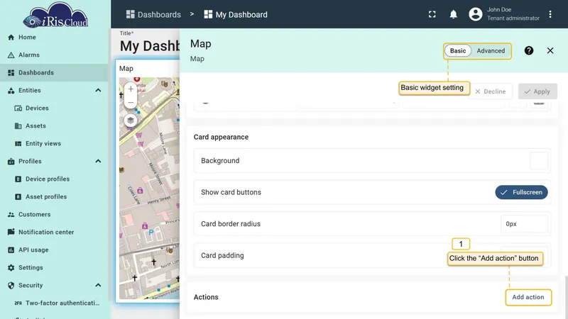 Actions section with Add action button