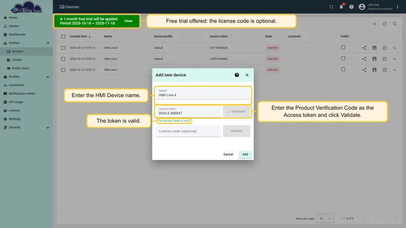 Add new device dialog with the HMI Device name, a validated access token, and the free trial message