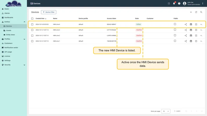 Devices list with the new HMI Device in the Active state