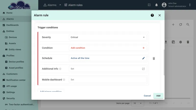 Trigger conditions section with Critical severity and Add condition button