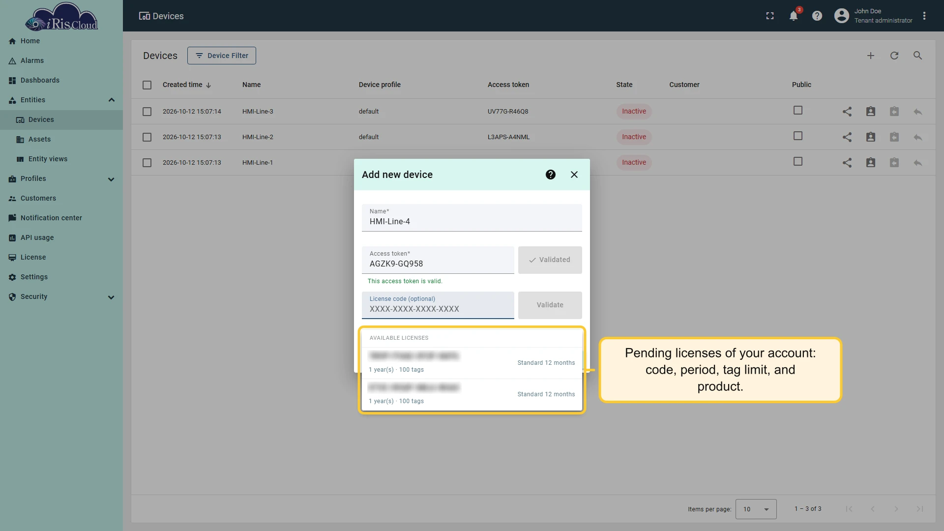Available licenses list under the License code field