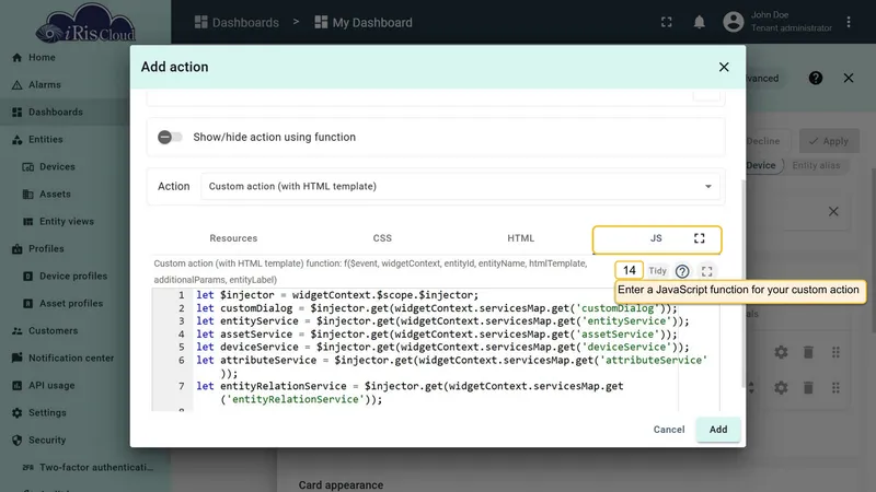 HTML tab for Edit device action