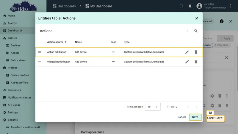 Apply and save dashboard