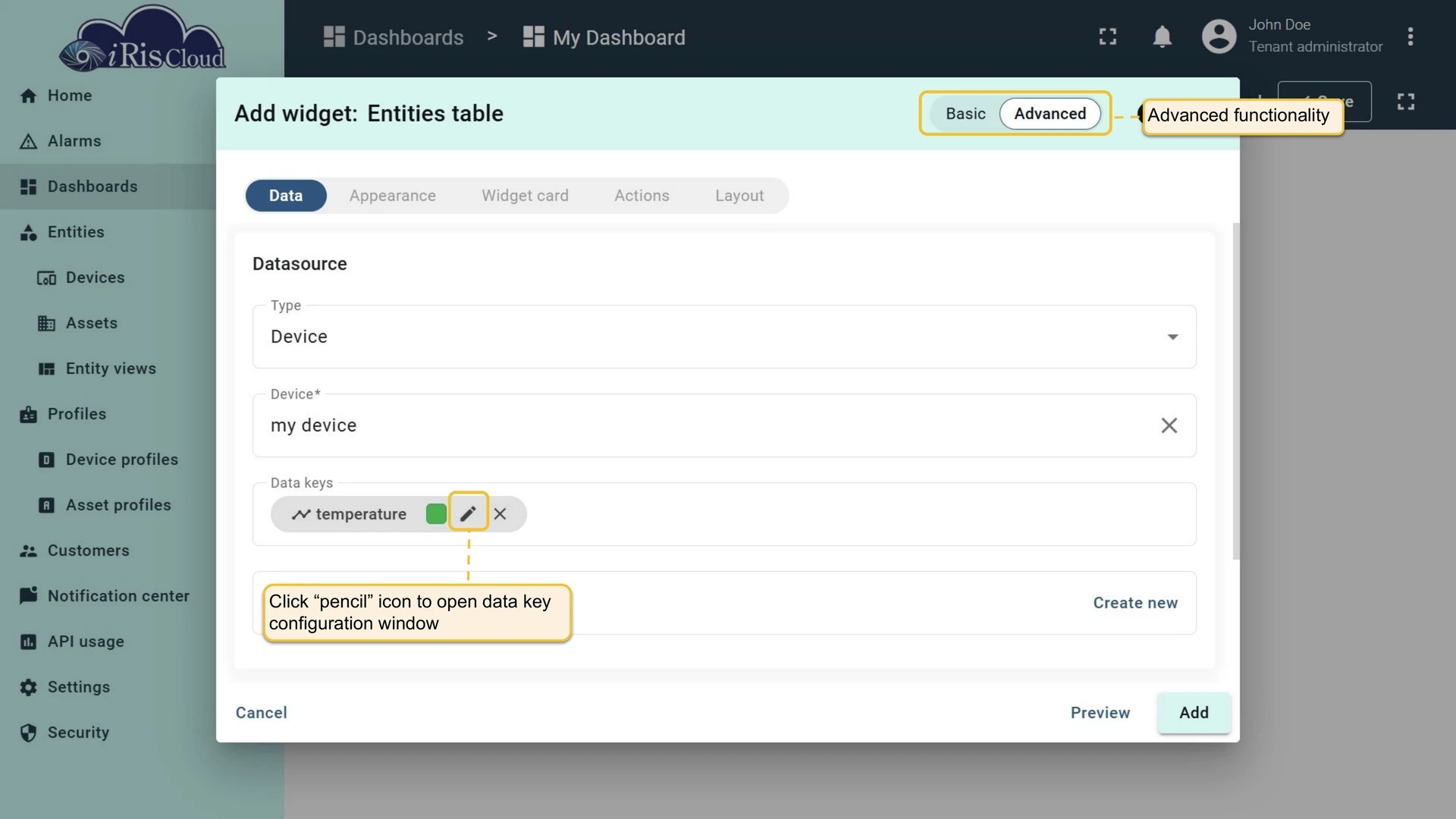 Open advanced key configuration