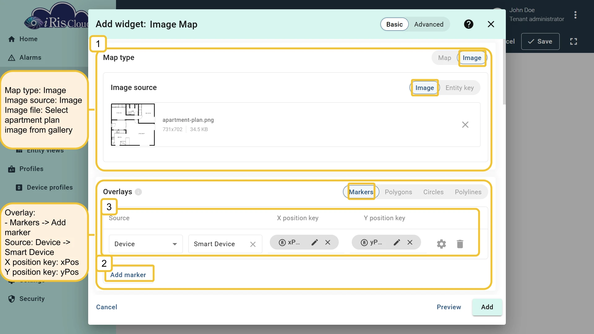Map type and marker overlay configuration