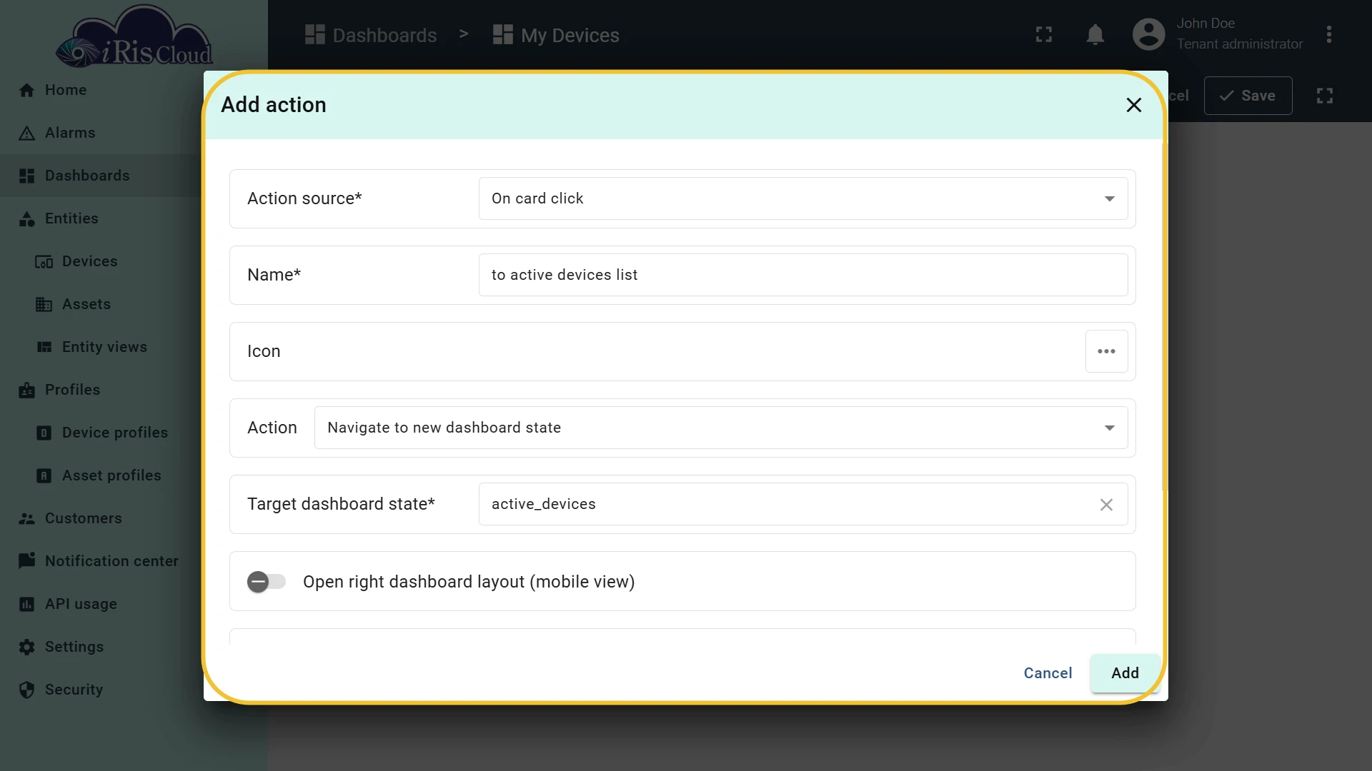 On card click action configured to navigate to the active HMI Devices state