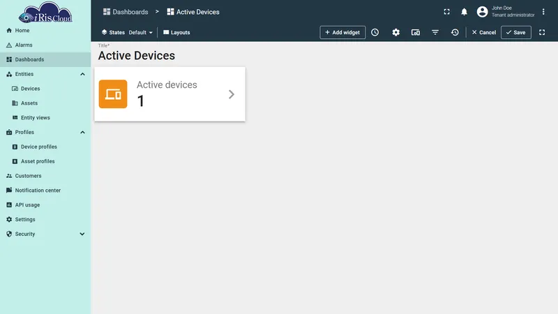 Finished Entity count card on the dashboard showing active HMI Device count