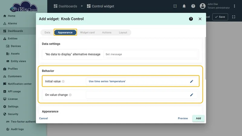 Initial value dialog with the Action dropdown open, showing Do nothing, Get attribute, Get time series, Get alarm status, Get dashboard state id, and Get dashboard state object