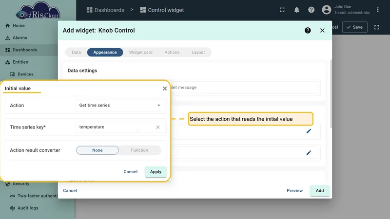Initial value dialog with Action set to Get time series and Time series key set to temperature
