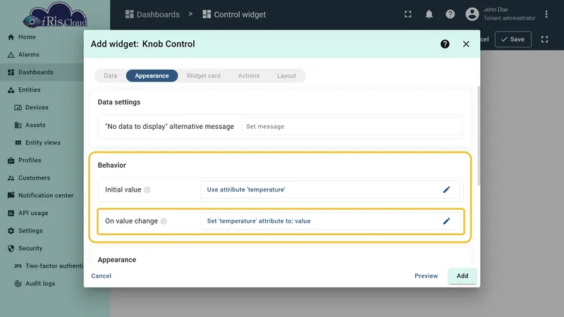 On value change dialog with the Action dropdown open, showing Set attribute and Add time series