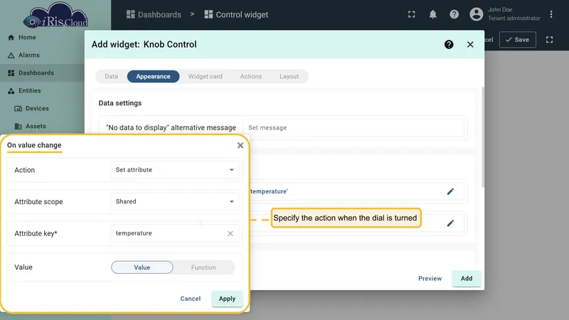 On value change dialog with Attribute scope set to Shared and Attribute key set to temperature