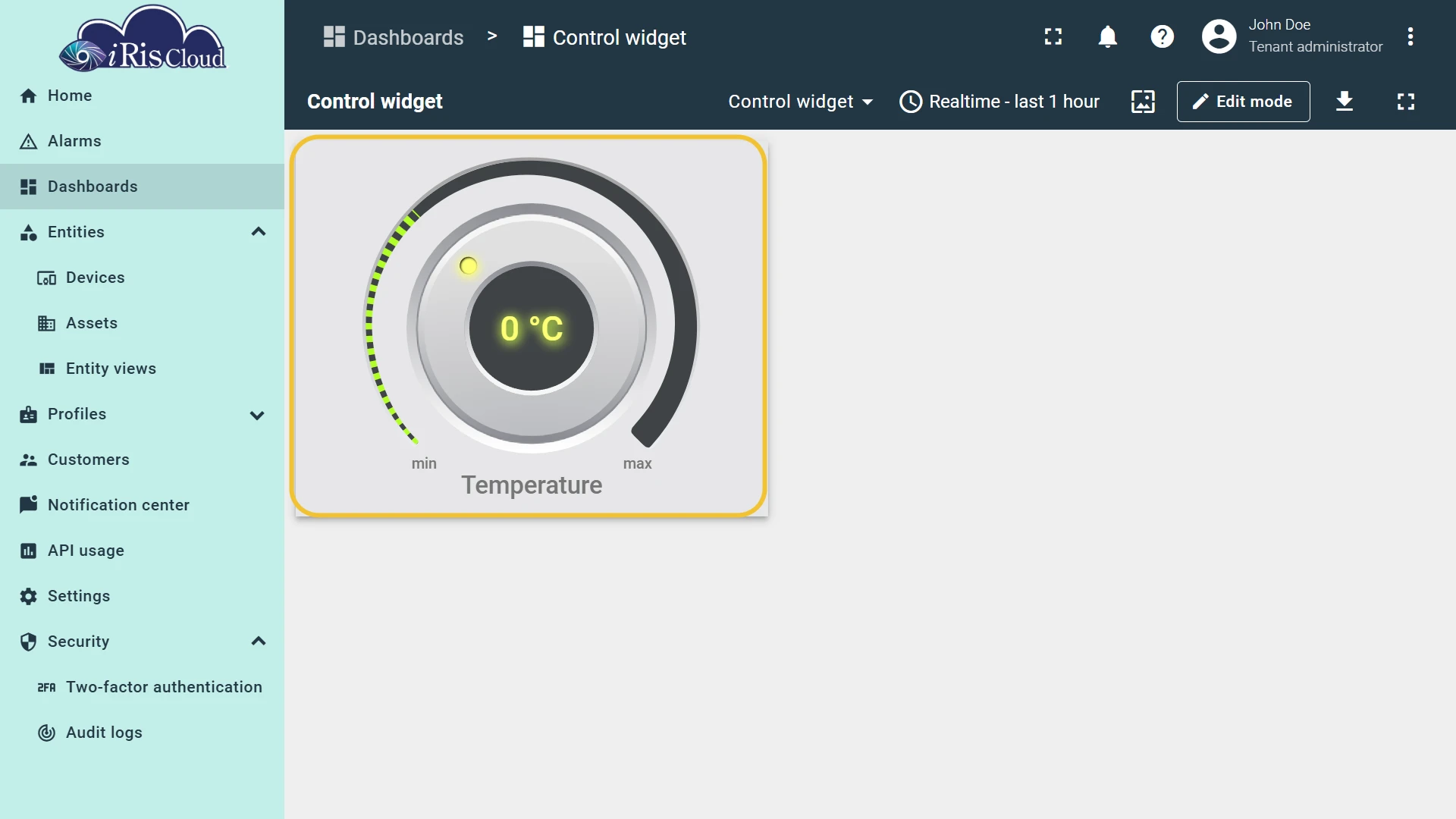 Finished Knob control widget on the saved dashboard, showing the target temperature in °C