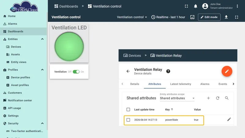 Single switch toggled to ON — powerState set to true, LED indicator turns green