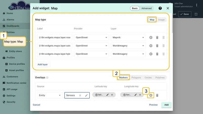 Map type and marker overlay configuration