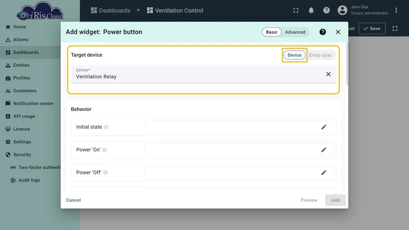 Shared attribute powerState added with Boolean type and value true