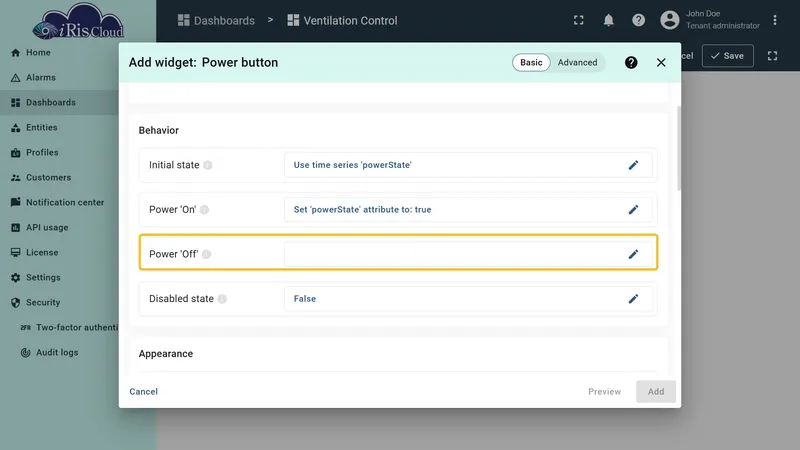 Power 'Off' row in the Behavior section