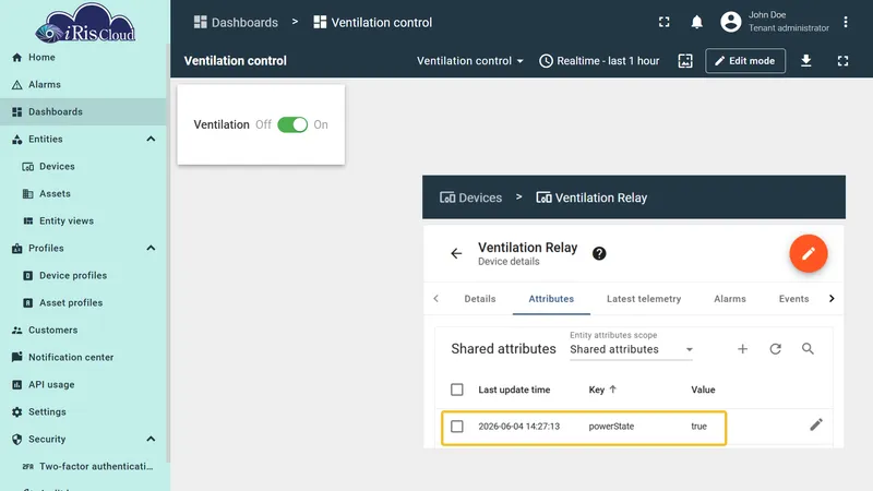 Switch toggled to OFF — powerState set to false, switch turns red