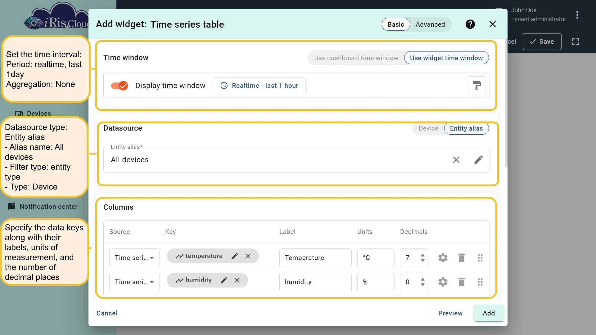 Two columns configured — Temperature and Humidity