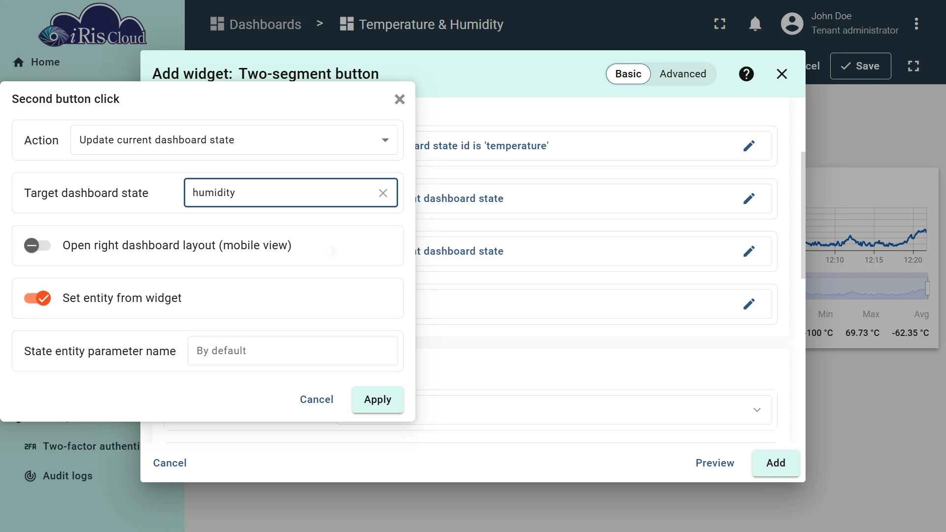 Second button click: Update current dashboard state to humidity