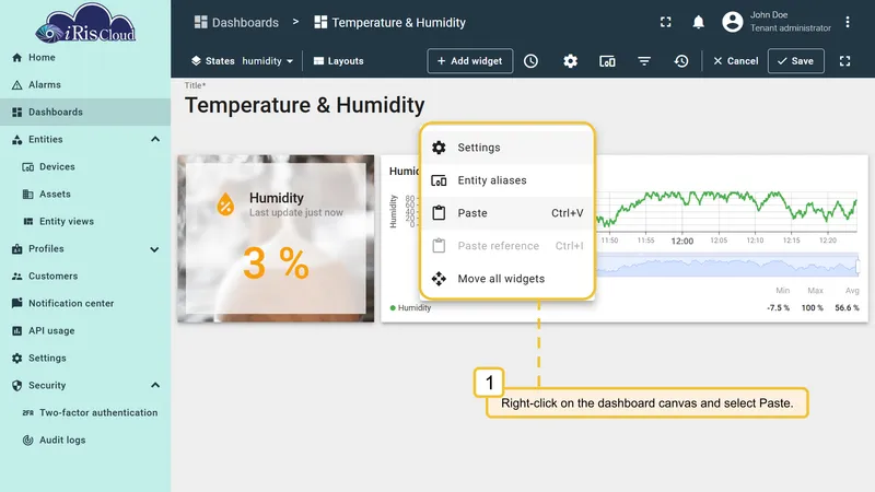 Paste context menu on the Humidity state canvas