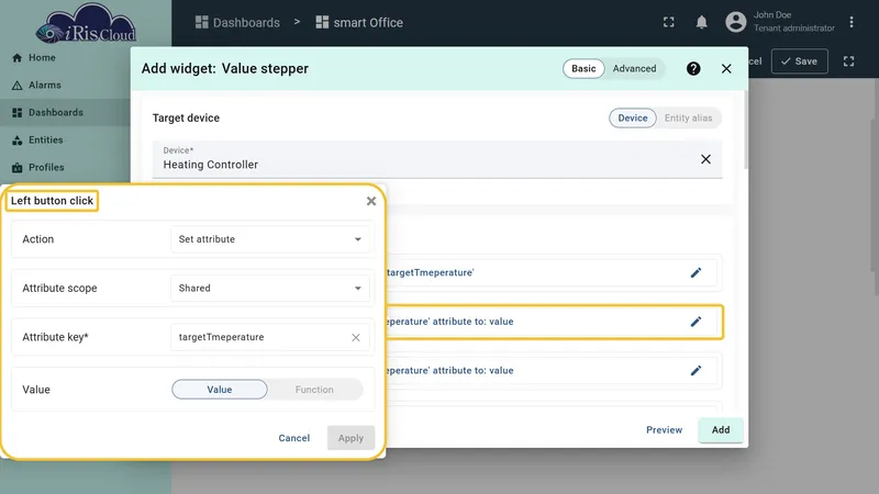 Right button click configured — Set Attribute targetTemperature