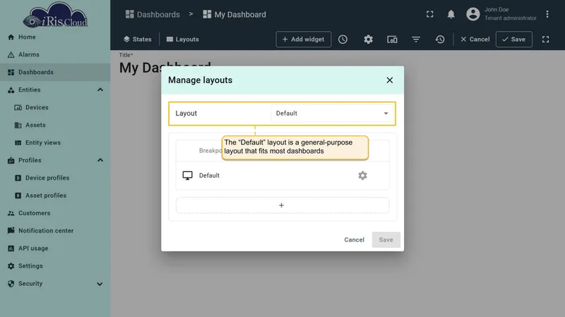 Default layout selected in Manage layouts dialog