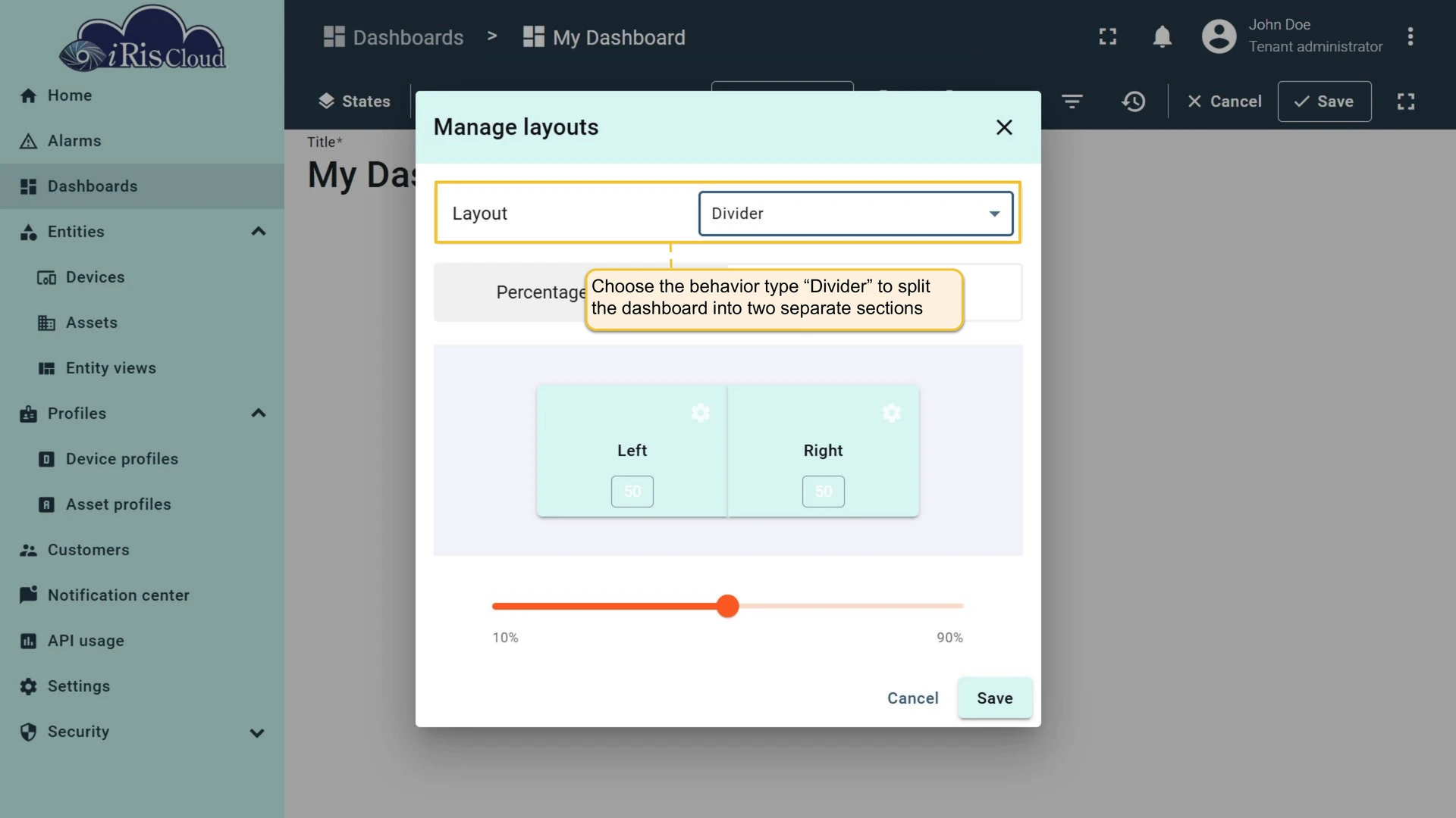 Divider layout in Manage layouts dialog