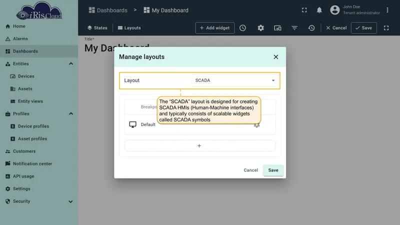 SCADA layout selected in Manage layouts dialog