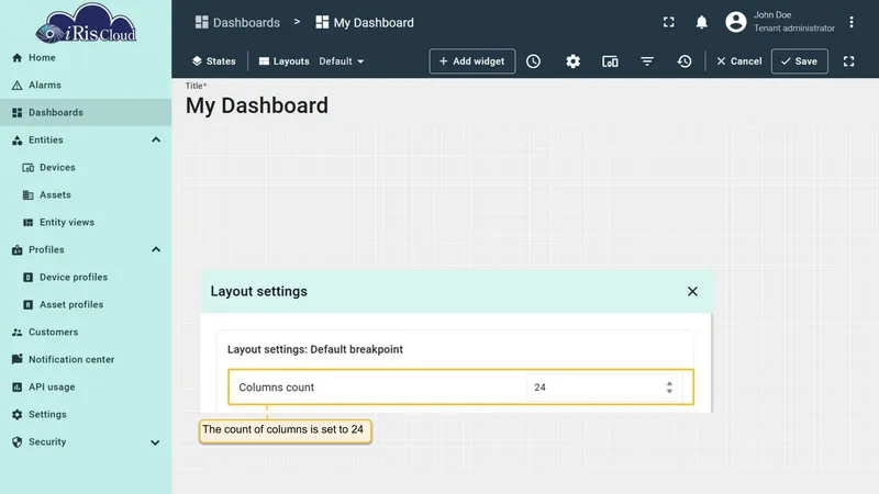 Dashboard grid with 24 columns