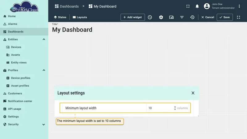 Dashboard grid with minimum layout width set to 10