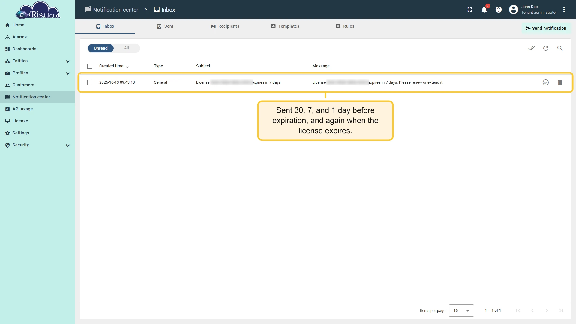 Notification Inbox with a License expiration notice