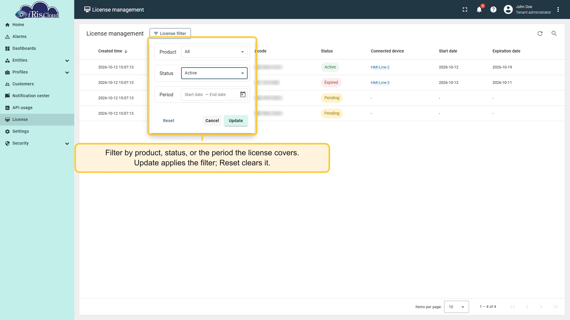 License filter panel with the Product, Status and Period fields