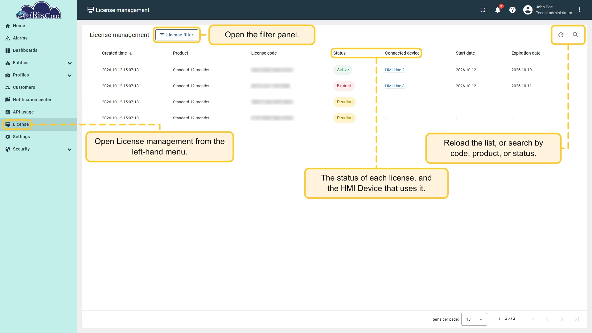 License management page: the License menu item, the toolbar and the list columns