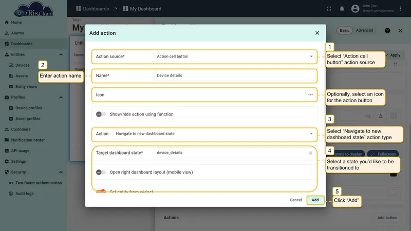 Configure Navigate to new dashboard state action