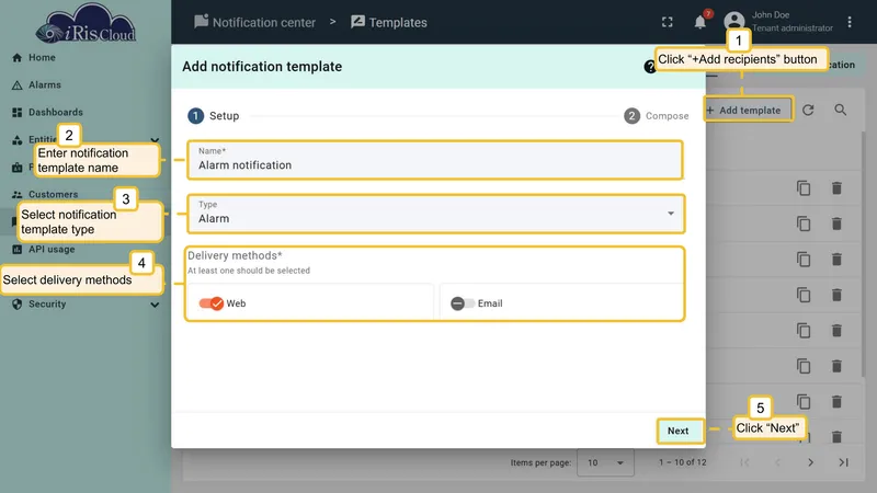 Add notification template - Setup step