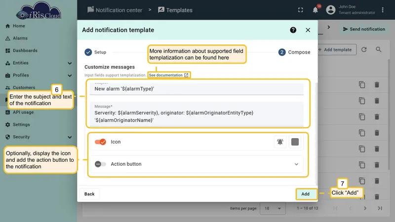 Add notification template - Compose step