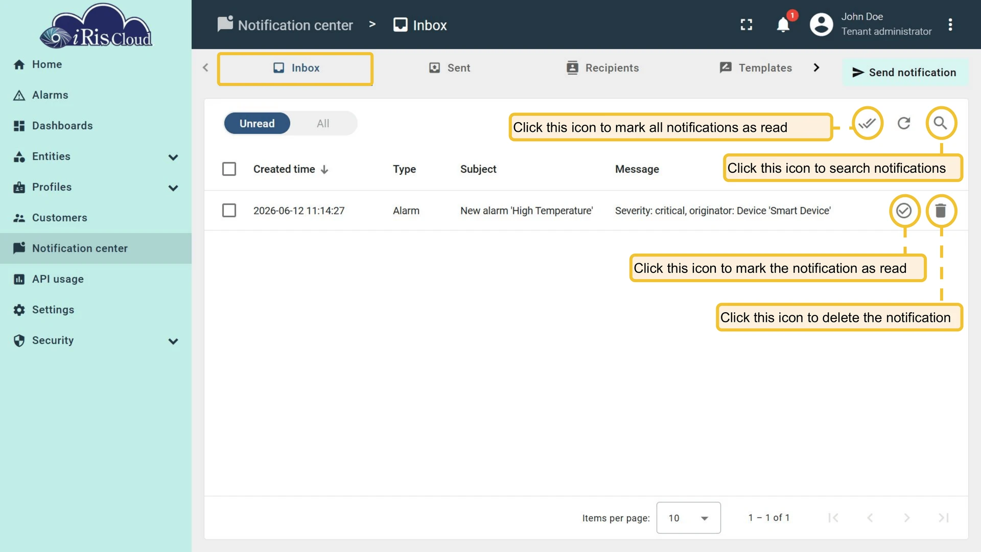 Inbox tab - received notifications with mark as read and delete actions