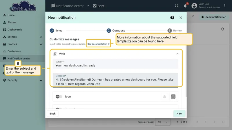 Send notification wizard - compose subject and message