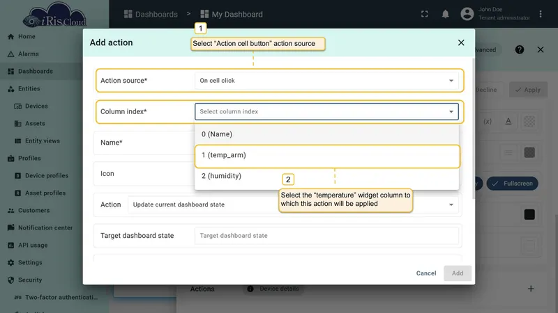 Select On cell click source and column