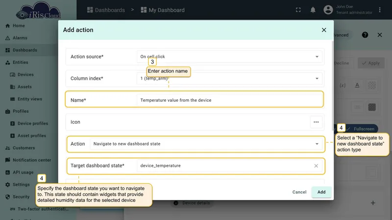 Configure temperature action name and target