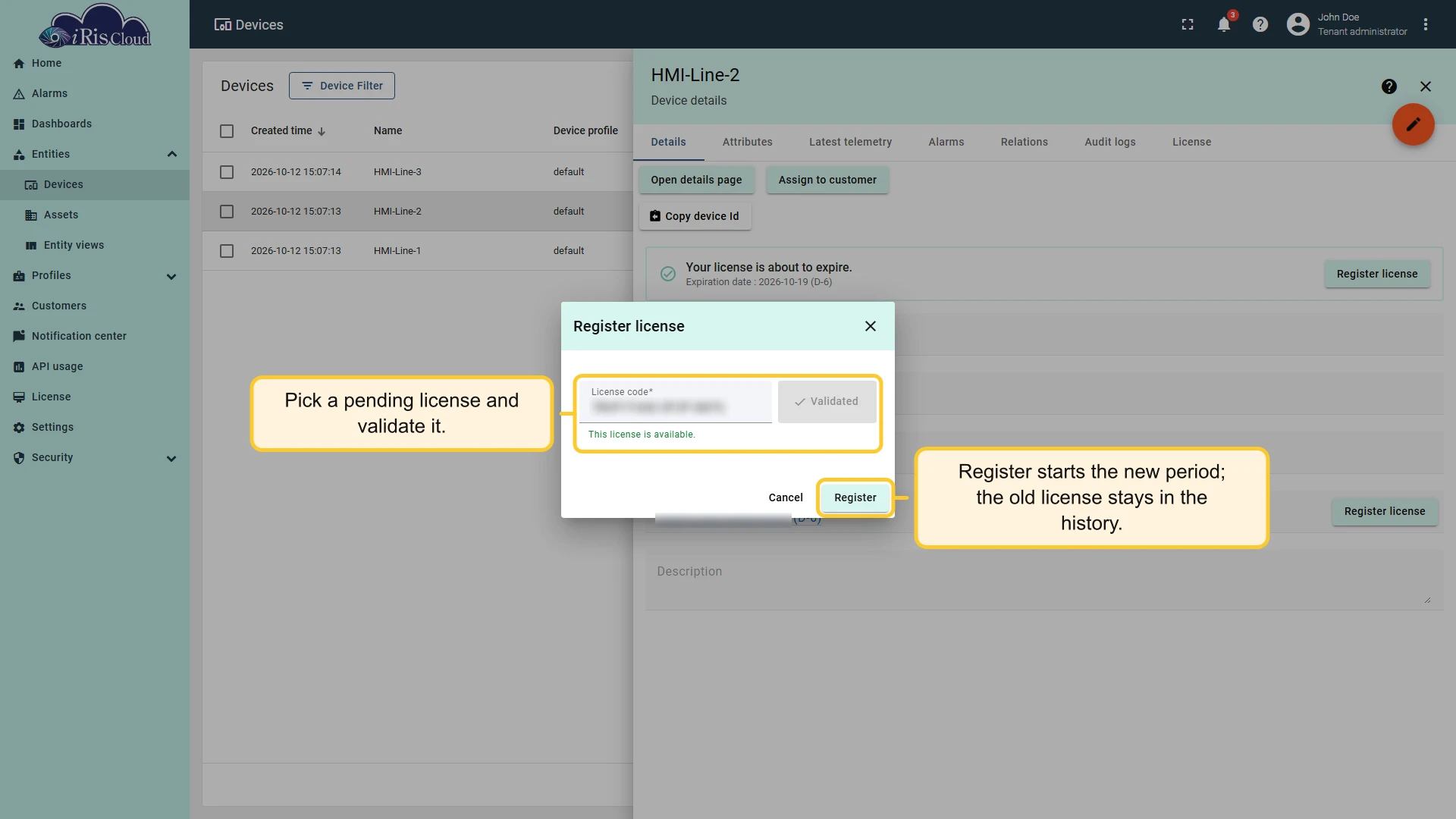 Register license dialog with a validated pending license
