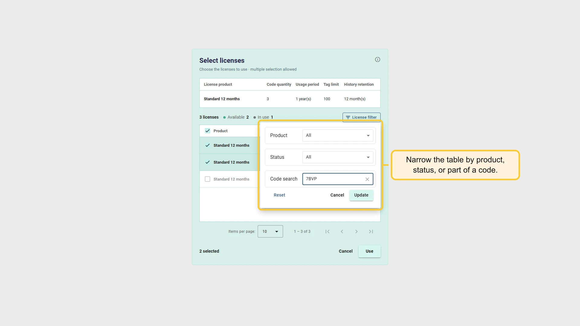 License filter panel on the Select licenses page with a code search