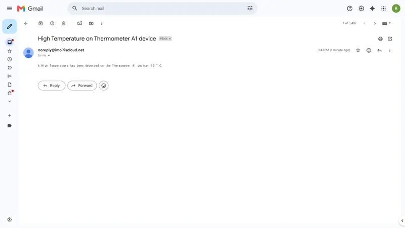 Gmail email opened showing subject "High temperature on Thermostat device" and body "A High temperature has been detected on the Thermostat device: 7 °C."
