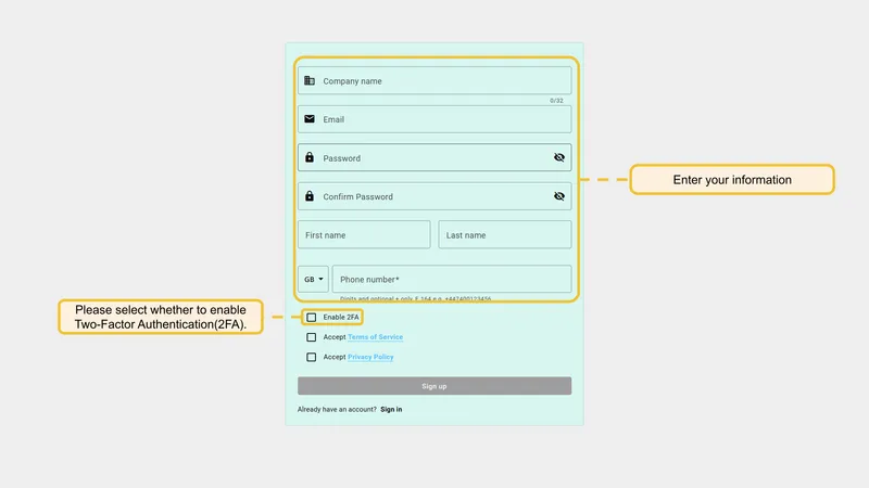 Company registration form entries