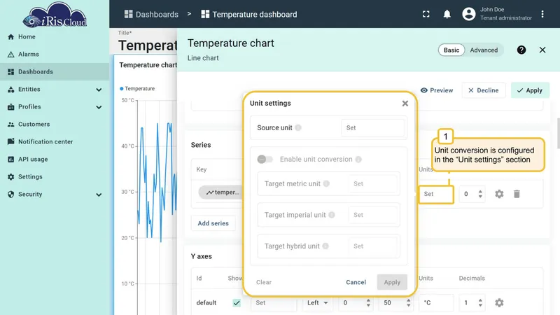 Unit settings dialog in widget configuration