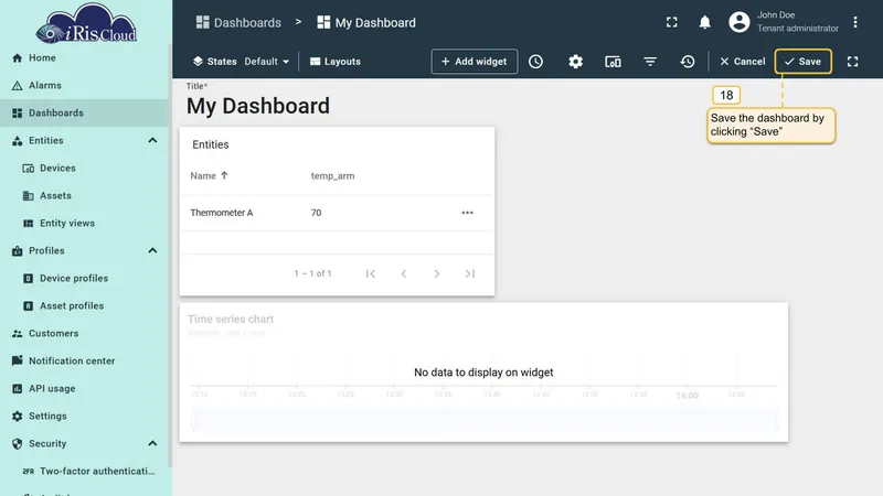 Dashboard in edit mode with action icons