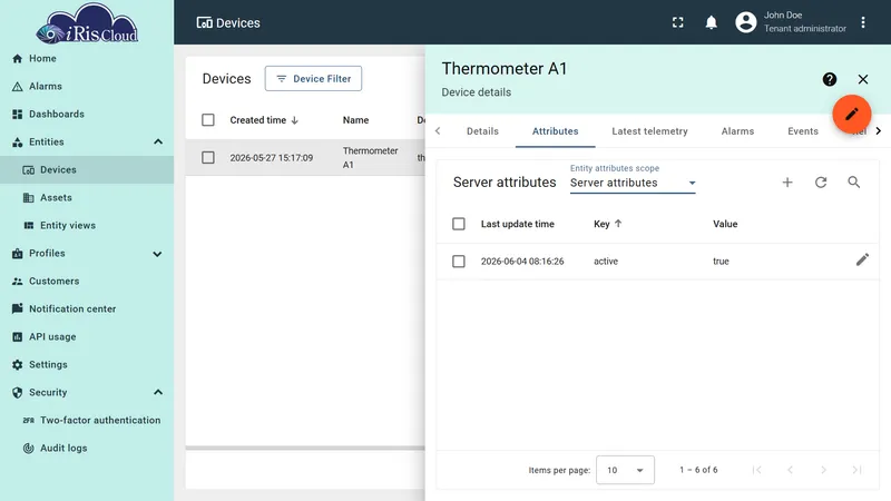 Thermometer A1 server attributes showing active attribute