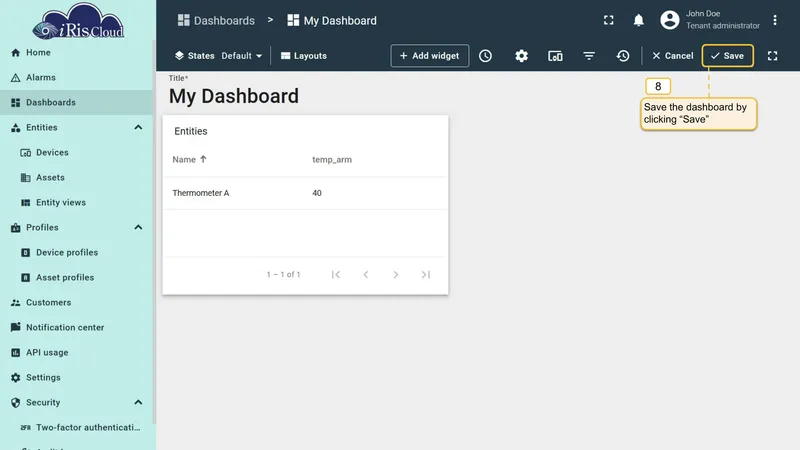 Dashboard with widget header button
